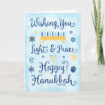 Cartão De Festividades Whimsic Hanukkah Light and Peace<br><div class="desc">Um cartão temático judeu Hanukkah com menorah,  Estrela de David e Driedel.  O texto diz Wishing You Light & Peace Happy Hanukkah.  O fundo é uma lavagem de aquarela azul-clara.  Personalize o dentro com sua própria mensagem e/ou logotipo da empresa.</div>