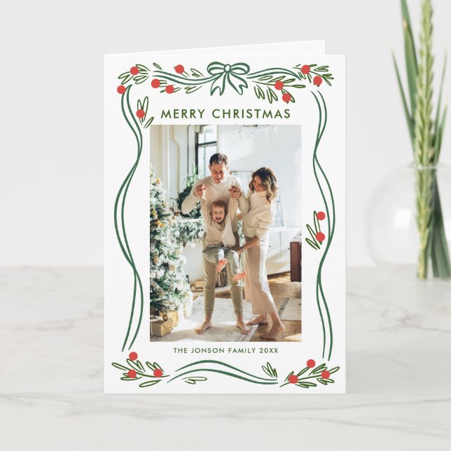 Cartão De Festividades Whimsical 5 Photo Boho Arco Verde Fita de Natal (Frente)