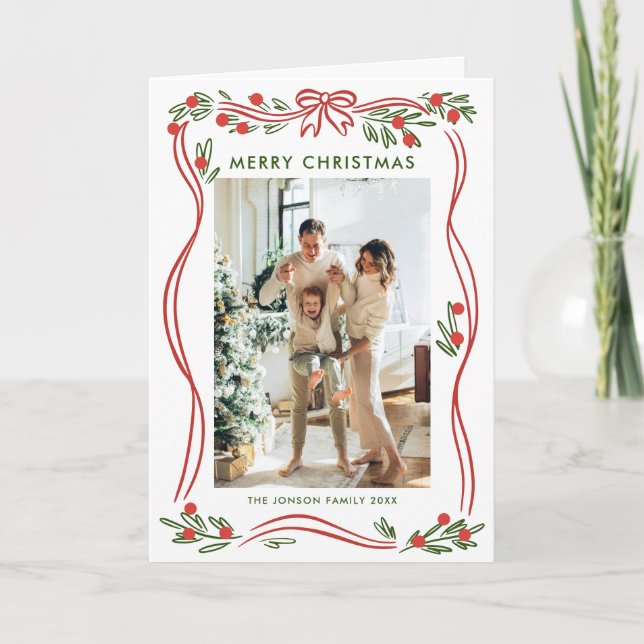 Cartão De Festividades Whimsical 5 Photo Boho Red Christmas Arco Ribbon (Frente)