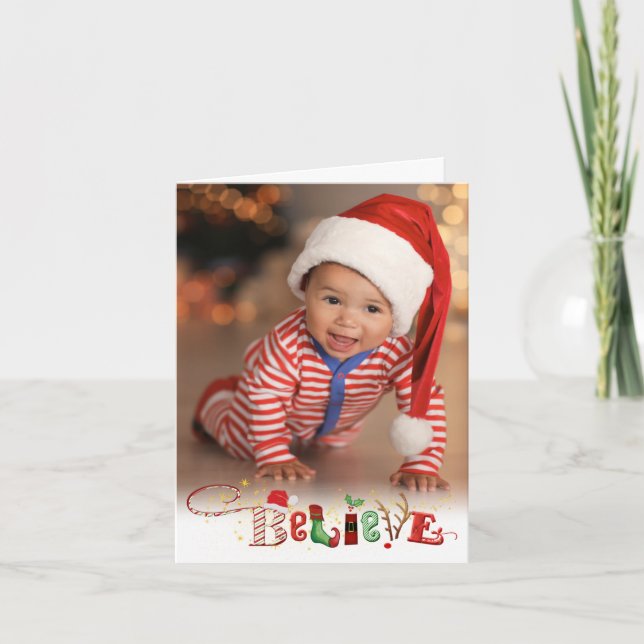 Cartão De Festividades Whimsical BELIEVE, Optional Holiday Letter Inside (Frente)