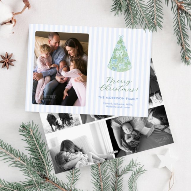 Cartão De Festividades Whimsical Blue Bows On Christmas Tree Photo (Contemporary blue and green bows preppy family photos holiday card with striped background)