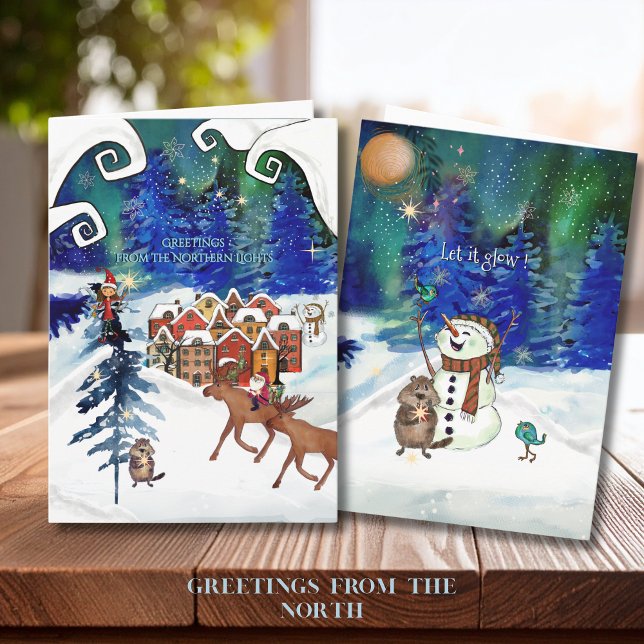 Cartão De Festividades Whimsical Boreal Lights Nordic Village New Year (Whimsical Boreal Lights Nordic Village New Year Holiday Card)