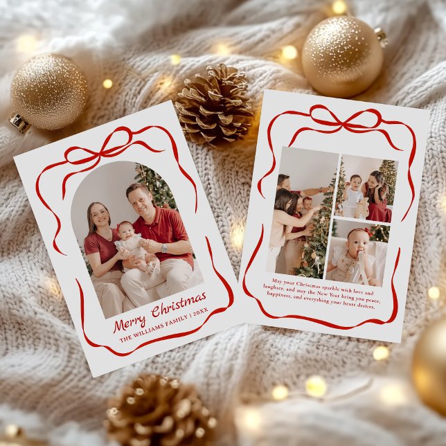 Cartão De Festividades Whimsical Bow Christmas Photo Hand-Drawn (Criador carregado)