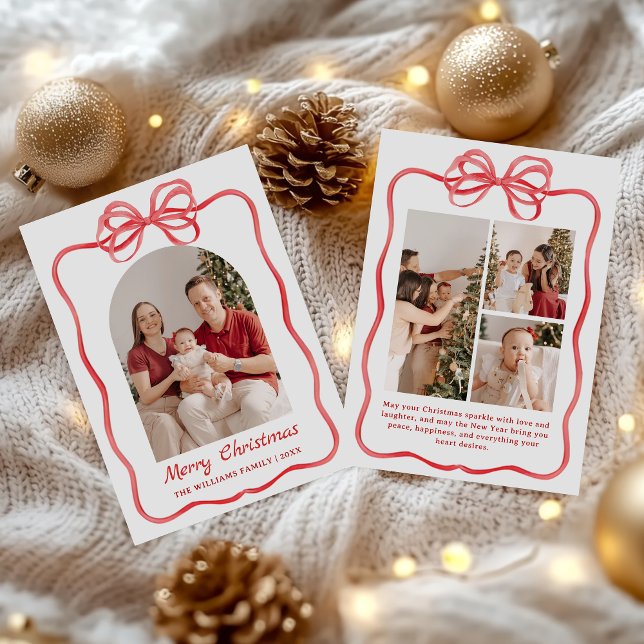 Cartão De Festividades Whimsical Bow Christmas Photo Hand-Drawn (Criador carregado)