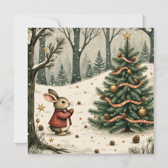 Cartão De Festividades Whimsical Bunny with Christmas Tree in Forest Flat (Frente)