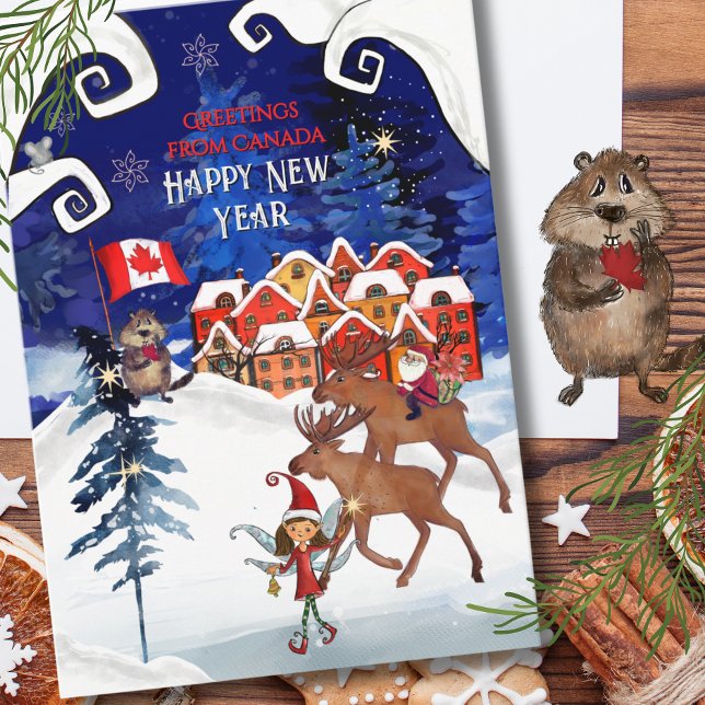 Cartão De Festividades Whimsical Canadian Village & Moose New Year (Whimsical Canadian Village & Moose New Year Holiday Card)