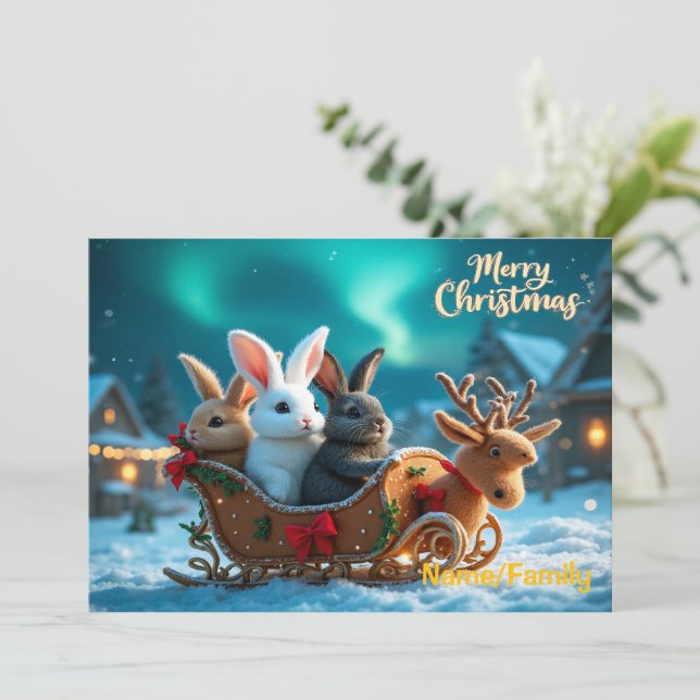 Cartão De Festividades Whimsical Christmas Bunny Sleigh Ride (Em pé/Frente)