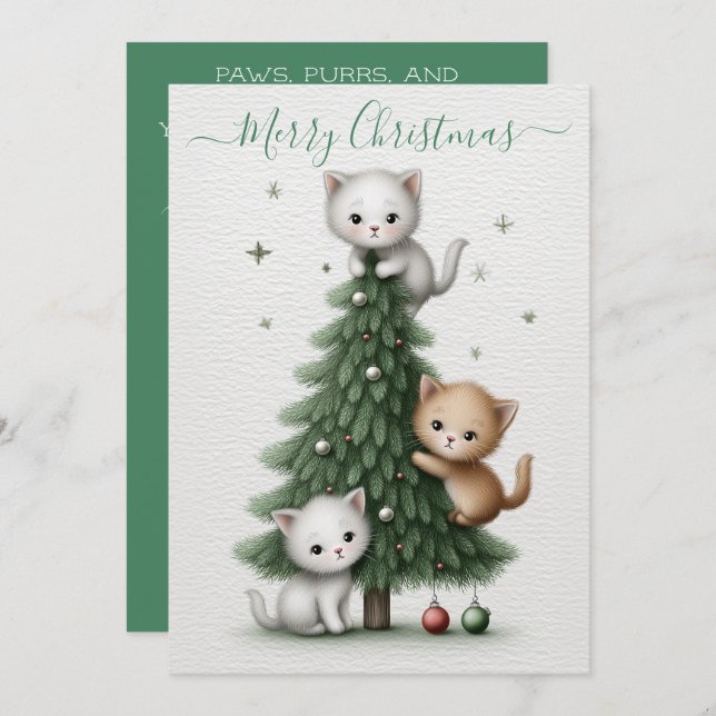 Cartão De Festividades Whimsical Christmas Card with Cartoon Kittens  (Frente/Verso)