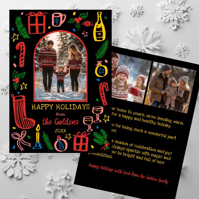 Cartão De Festividades Whimsical Christmas  Cute Custom Arch 3 PHOTO  (Whimsical Christmas Doodle Cute Custom Arch 3 PHOTO Holiday Card
)