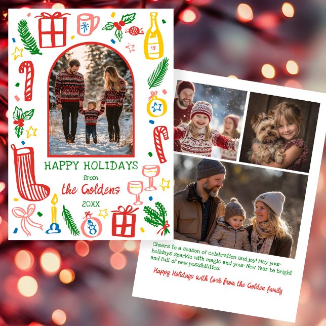 Cartão De Festividades Whimsical Christmas  Cute Custom Arch 4 PHOTO  (Whimsical Christmas Cute Doodles Colorful Custom Arch 4 PHOTO Hand-drawn Holiday Card
)