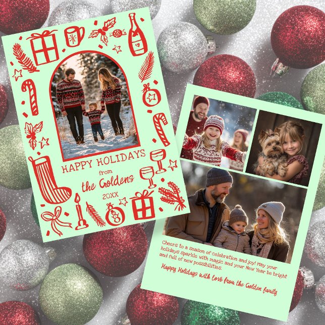 Cartão De Festividades Whimsical Christmas  Cute Custom Arch 4 PHOTO  (Whimsical Christmas Cute Doodles Custom Arch 4 PHOTO Hand-drawn Holiday Card
)