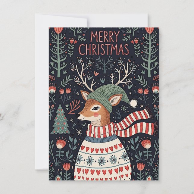 Cartão De Festividades Whimsical Christmas greeting card with a deer  (Frente)