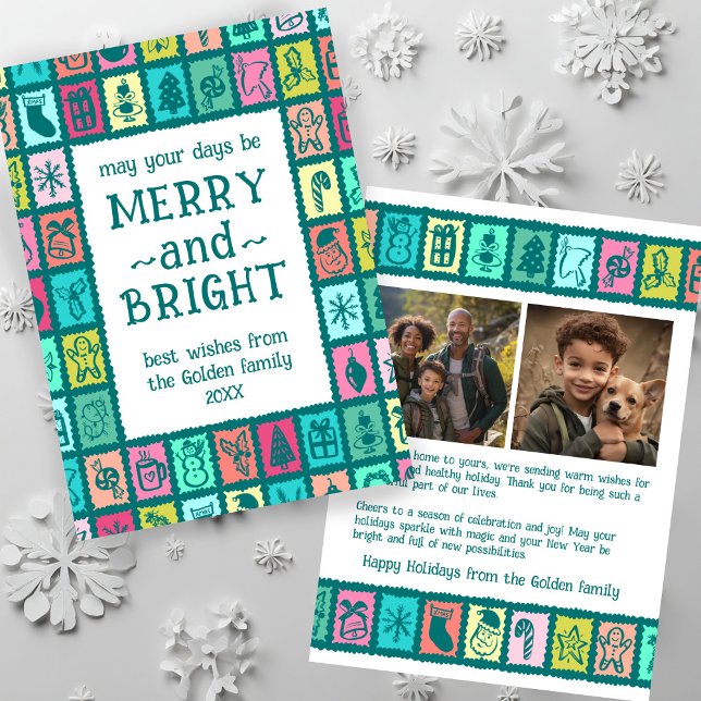 Cartão De Festividades Whimsical Christmas Grid Cute Custom 2 PHOTO  (Whimsical Christmas Grid Cute Custom 2 PHOTO Holiday Card
)