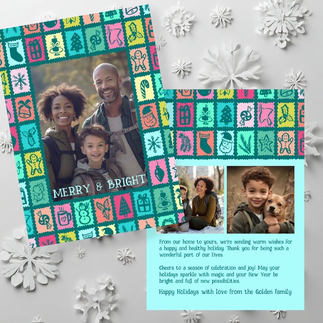 Cartão De Festividades Whimsical Christmas Grid Cute Custom 3 PHOTO  (Whimsical Christmas Grid Cute Custom 3 PHOTO Holiday Card
)