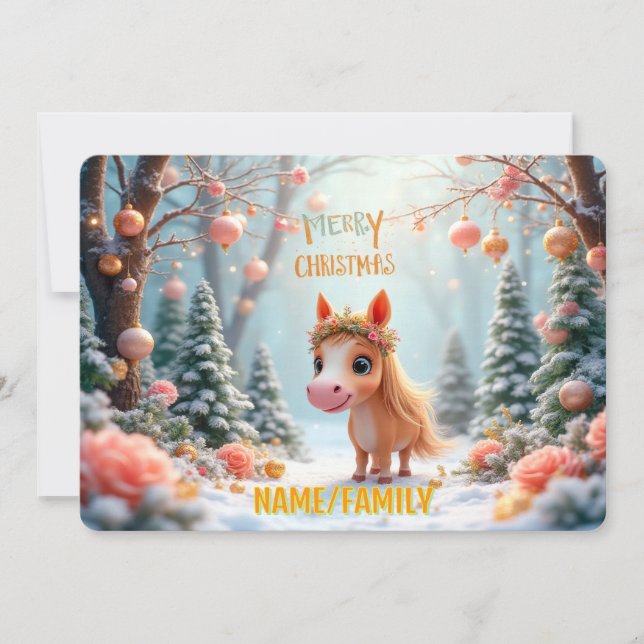 Cartão De Festividades Whimsical Christmas Pony in Snowy Forest (Frente)