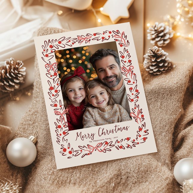 Cartão De Festividades Whimsical Christmas Wreath & Bows Photo Card (Whimsical Christmas Wreath holiday family photo card)