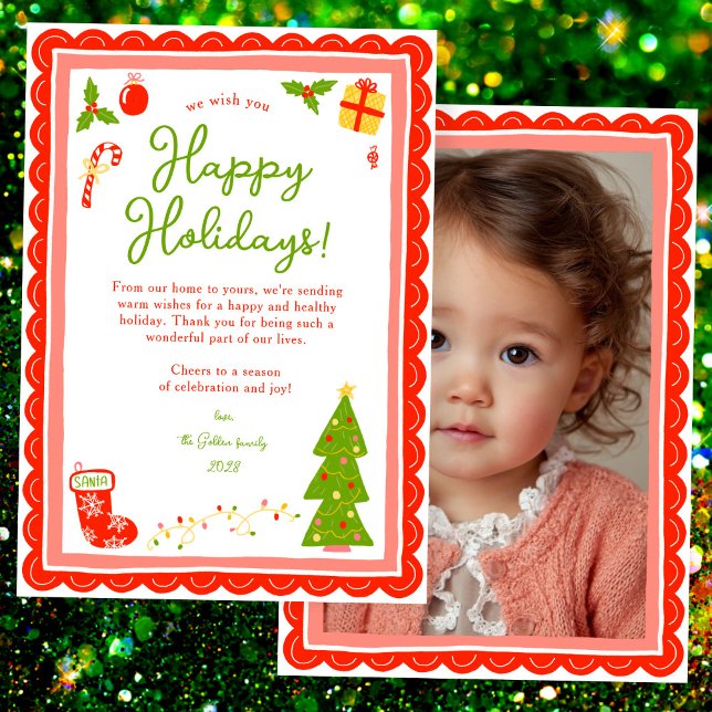 Cartão De Festividades Whimsical Cute Christmas CUSTOM PHOTO Scalloped (Whimsical Cute Christmas Hand-drawn CUSTOM PHOTO Scalloped Edge Holiday Card
)