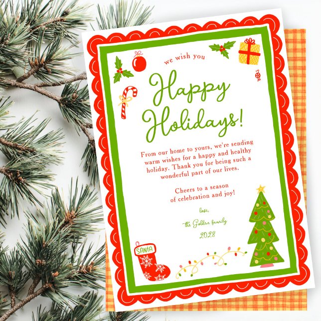 Cartão De Festividades Whimsical Cute Christmas CUSTOM Scalloped  (Whimsical Cute Christmas CUSTOM Scalloped Hand-drawn Gingham Non-Photo Holiday Card
)