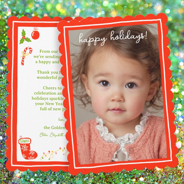 Cartão De Festividades Whimsical Cute Icons Christmas CUSTOM PHOTO (Whimsical Cute Icons Christmas CUSTOM PHOTO Scalloped Edge Holiday Card
)