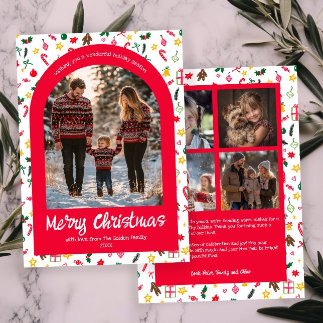 Cartão De Festividades Whimsical Doodle Christmas Arch 5 Photo (Whimsical Doodle Christmas Custom Arch 5 Photo Collage Holiday Card
)