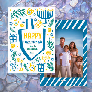 Cartão De Festividades Whimsical Dreidel Menorah CUSTOM Foto HANUKKAH