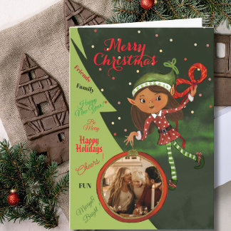 Cartão De Festividades Whimsical Elf Girl Photo Christmas Card | Green
