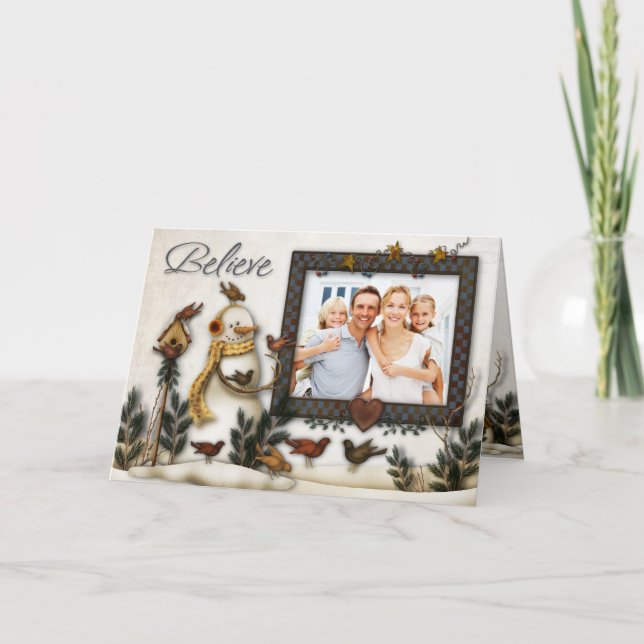 Cartão De Festividades Whimsical Folk Art Snowmen Christmas Photo Card (Frente)