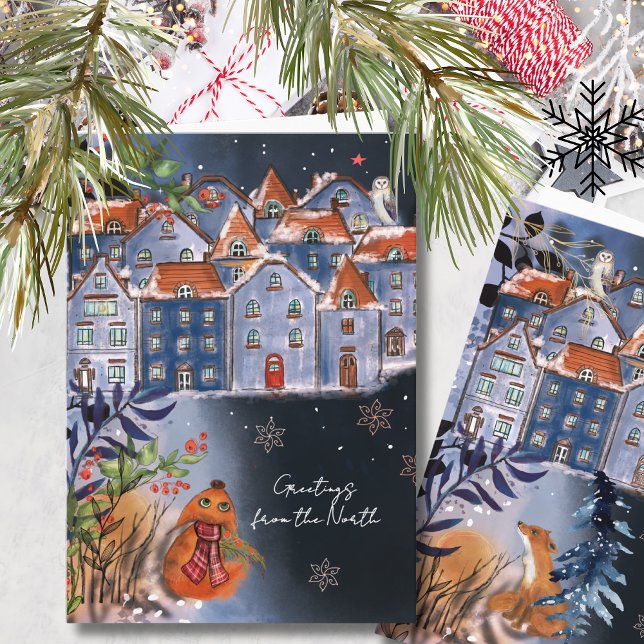 Cartão De Festividades Whimsical Fox Greetings from the Nordic Village (Whimsical Fox Greetings from the Nordic Village Holiday Card)