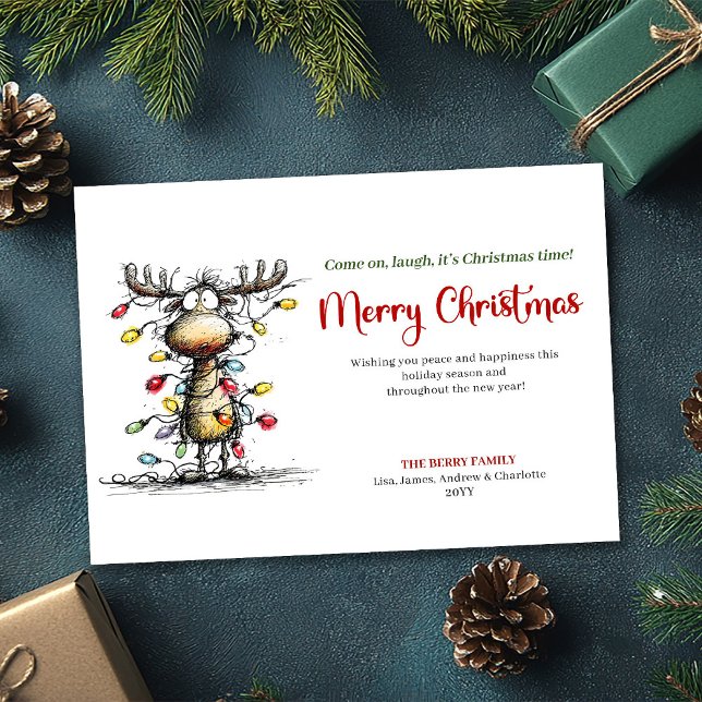 Cartão De Festividades Whimsical Funny Reindeer Christmas Greeting Card (Whimsical Funny Reindeer Christmas Greeting Card)