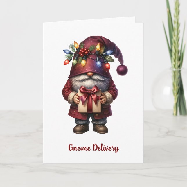 Cartão De Festividades Whimsical Gift Giving Christmas Gnome (Frente)
