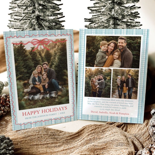 Cartão De Festividades Whimsical Grandmillenial Blue Bow Family Photo (Whimsical Grandmillenial Blue Bow Family Photo Holiday Card)