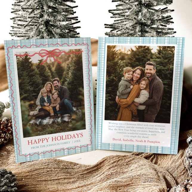 Cartão De Festividades Whimsical Grandmillenial Blue Bow Family Photo (Whimsical Grandmillenial Blue Bow Family Photo Holiday Card)