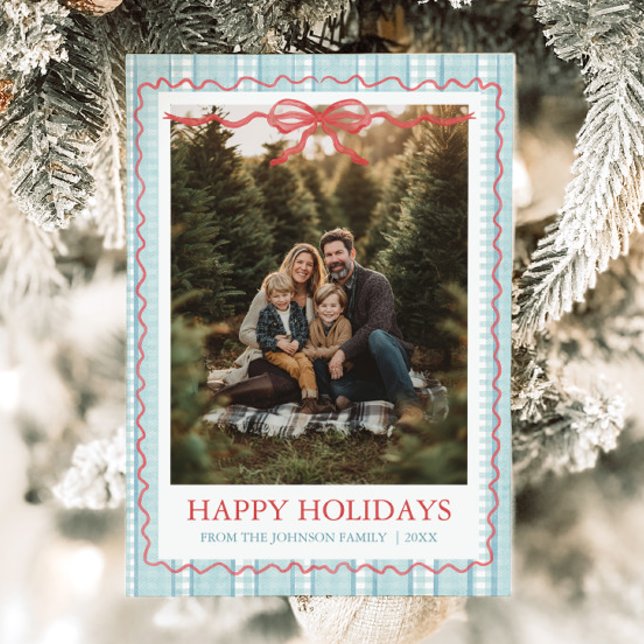 Cartão De Festividades Whimsical Grandmillenial Blue Bow Family Photo (Whimsical Grandmillenial Blue Bow Family Photo Holiday Card)