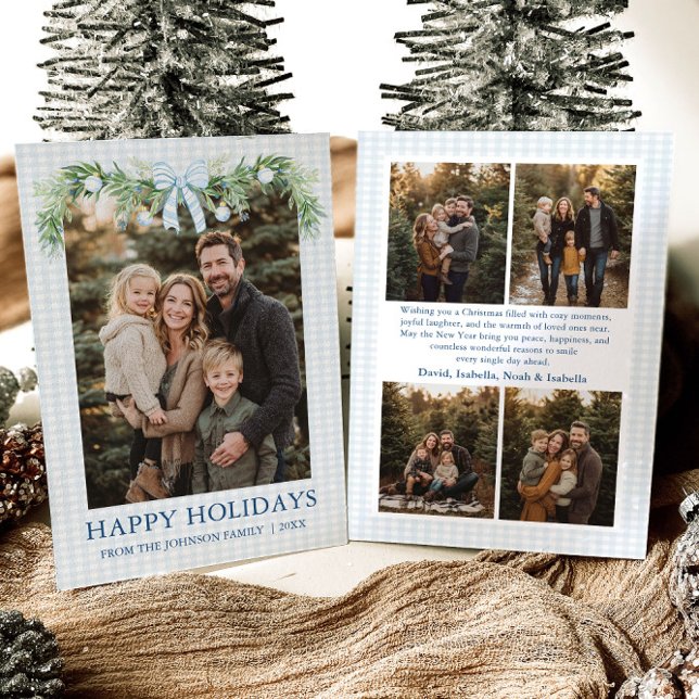 Cartão De Festividades Whimsical Grandmillenial Blue Bow Family Photo (Whimsical Grandmillenial Blue Bow Family Photo Holiday Card)