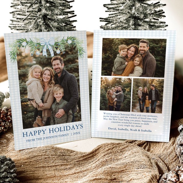 Cartão De Festividades Whimsical Grandmillenial Blue Bow Family Photo (Whimsical Grandmillenial Blue Bow Family Photo Holiday Card)