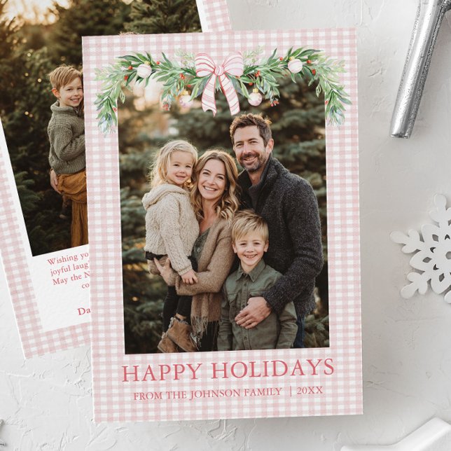 Cartão De Festividades Whimsical Grandmillenial Pink Bow Family Photo (Whimsical Grandmillenial Pink Bow Family Photo Holiday Card)