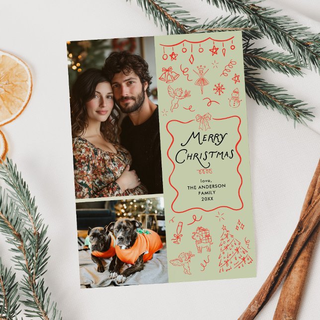 Cartão De Festividades Whimsical Green Red Hand Desenhou Natal 2 Foto (Criador carregado)