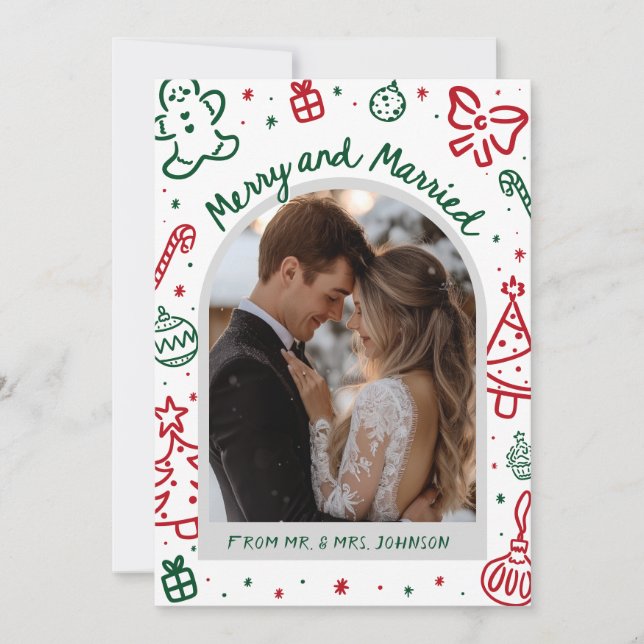 Cartão De Festividades Whimsical Hand Drawn Arch Photo Married and Merry (Frente)