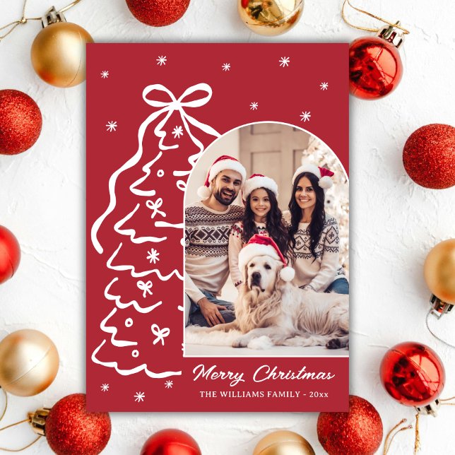Cartão De Festividades Whimsical Hand-Drawn Christmas Tree Photo Red (Criador carregado)