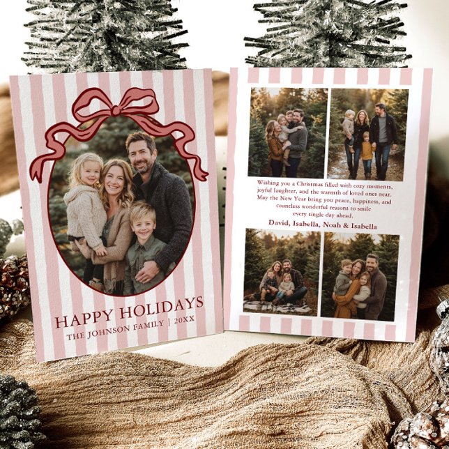 Cartão De Festividades Whimsical Hand Drawn Coquette Red Bow Family Photo (Whimsical Hand Drawn Coquette Red Bow Family Photo Holiday Card)