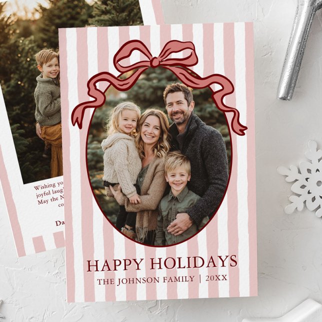 Cartão De Festividades Whimsical Hand Drawn Coquette Red Bow Family Photo (Whimsical Hand Drawn Coquette Red Bow Family Photo Holiday Card)