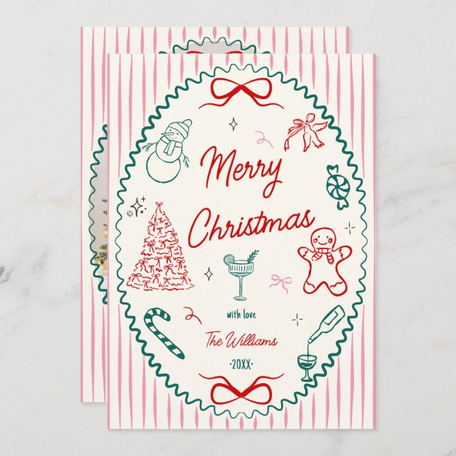 Cartão De Festividades Whimsical Hand Drawn Doodles Christmas Photo  (Frente/Verso)