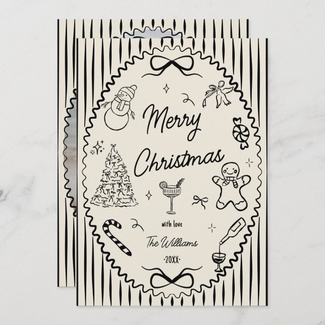 Cartão De Festividades Whimsical Hand Drawn Doodles Christmas Photo  (Frente/Verso)