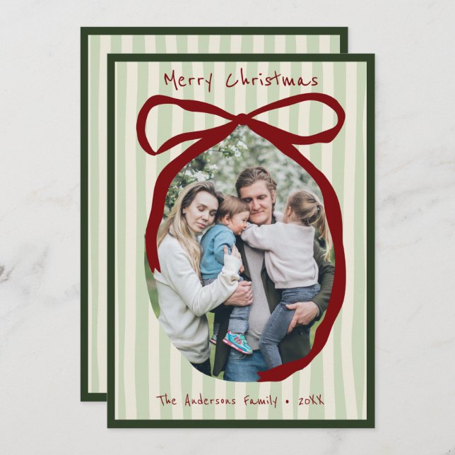 Cartão De Festividades Whimsical Hand Drawn Quirky Red Wavy Ribbon Photo (Frente/Verso)