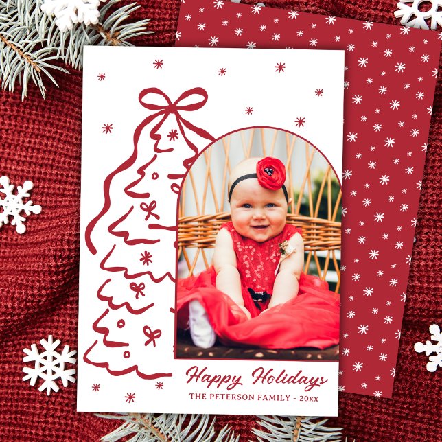 Cartão De Festividades Whimsical Hand-Drawn Red Christmas Tree Arch Photo (Criador carregado)