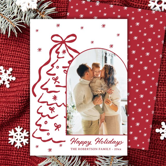 Cartão De Festividades Whimsical Hand-Drawn Red Christmas Tree Arch Photo (Criador carregado)