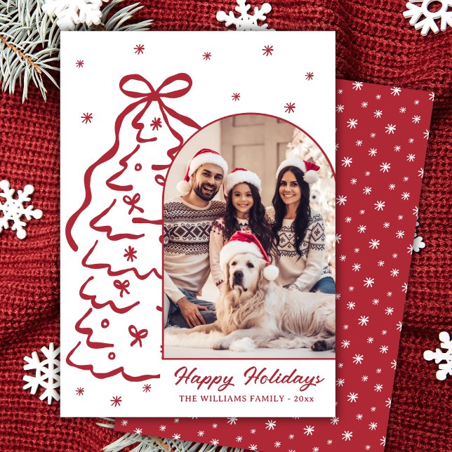 Cartão De Festividades Whimsical Hand-Drawn Red Christmas Tree Arch Photo (Criador carregado)