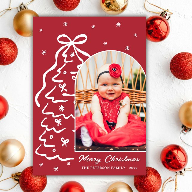 Cartão De Festividades Whimsical Hand-Drawn Red Christmas Tree Arch Photo (Criador carregado)