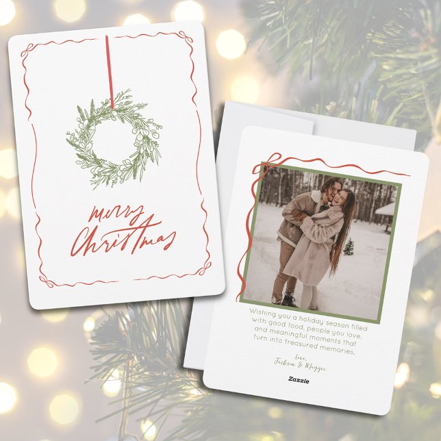 Cartão De Festividades Whimsical Hand Drawn Wreath Foto de Natal (Simple Hand Drawn Wreath Photo Christmas Holiday Card)