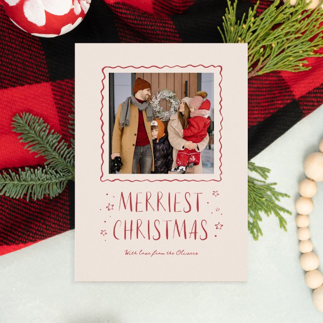 Cartão De Festividades Whimsical Handwrite Felry Christmas Red (handwritten Merry Christmas photo card in red with whimsical hand-drawn elements)